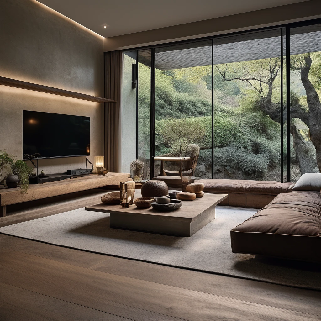 cinematic photo,mrares, ((wabi-sabi style:1.5)), (wabi-sabi_style:1.5), (Zen:1.5),(wabi-sabi elements:1.3), modern living room, simple style, living room, home, concrete plain wall, wooden floor, there is a sofa placed in the space, a projection screen facing the sofa, and a push-pull cart, wide angle,long-focus,depth of field, . 35mm photograph, film, bokeh, professional, 4k, highly detailed