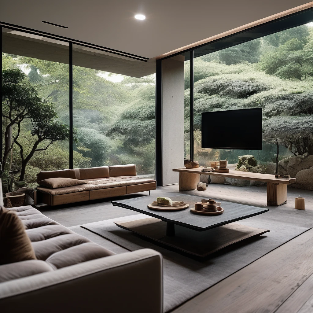 cinematic photo,mrares, ((wabi-sabi style:1.5)), (wabi-sabi_style:1.5), (Zen:1.5),(wabi-sabi elements:1.3), modern living room, simple style, living room, home, concrete plain wall, wooden floor, there is a sofa placed in the space, a projection screen facing the sofa, and a push-pull cart, wide angle,long-focus,depth of field, . 35mm photograph, film, bokeh, professional, 4k, highly detailed