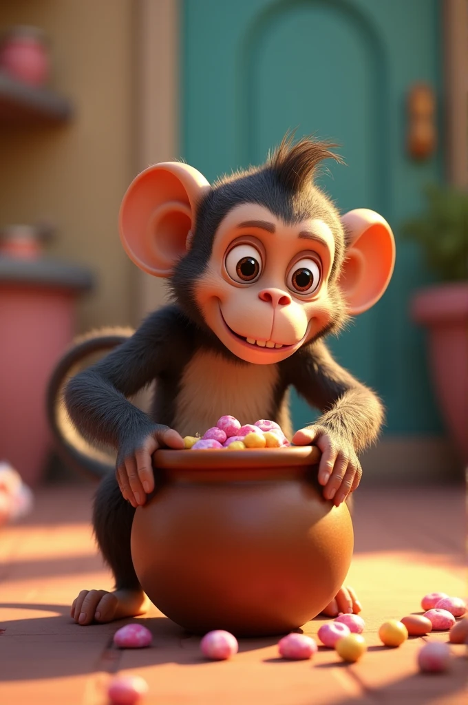 In cinematic 3d cartoon style 'The monkey with its hands inside the pot, trying to grab the sweets. The pot is clearly too small for its hands, and the monkey looks determined but struggling