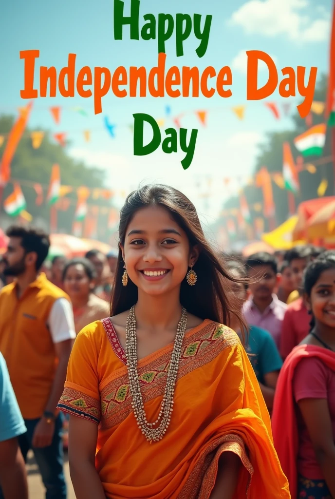 Generate a real-life image of a 21-year-old (girl/boy) joyfully celebrating Indian Independence Day. The individual is dressed in traditional Indian attire with the name 'Akula Johm' prominently displayed on their clothing. The sky above them features the words 'Happy Independence Day' in a bold font. The background is alive with a crowd of people celebrating, creating a vibrant and patriotic atmosphere.