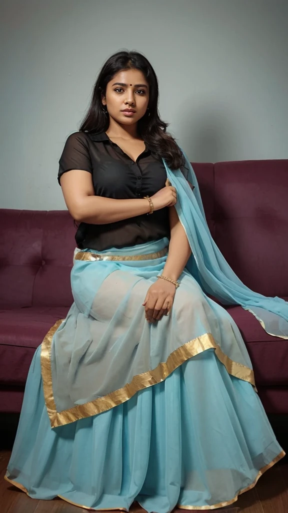 South Indian women, wearing cream colour chiffon transparent shiny skirt and light green shirt