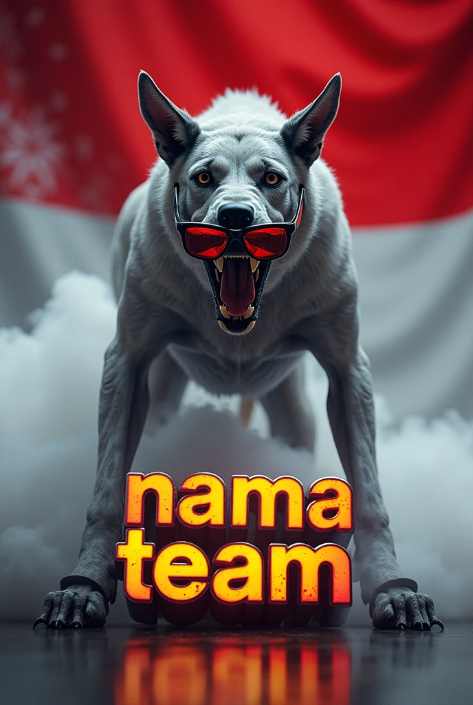 text "nama team"grey white black malinois mix greyhound muscular, standing roaring, black legs, wearing cool glasses standing, grey white body color, futuristic and dynamic design. The dog has a bepita in the reflection. The text red yellow color 'nama team" is written on the object that is emitting smoke. silver and red yellow black hologram emblem, The indonesia flag background