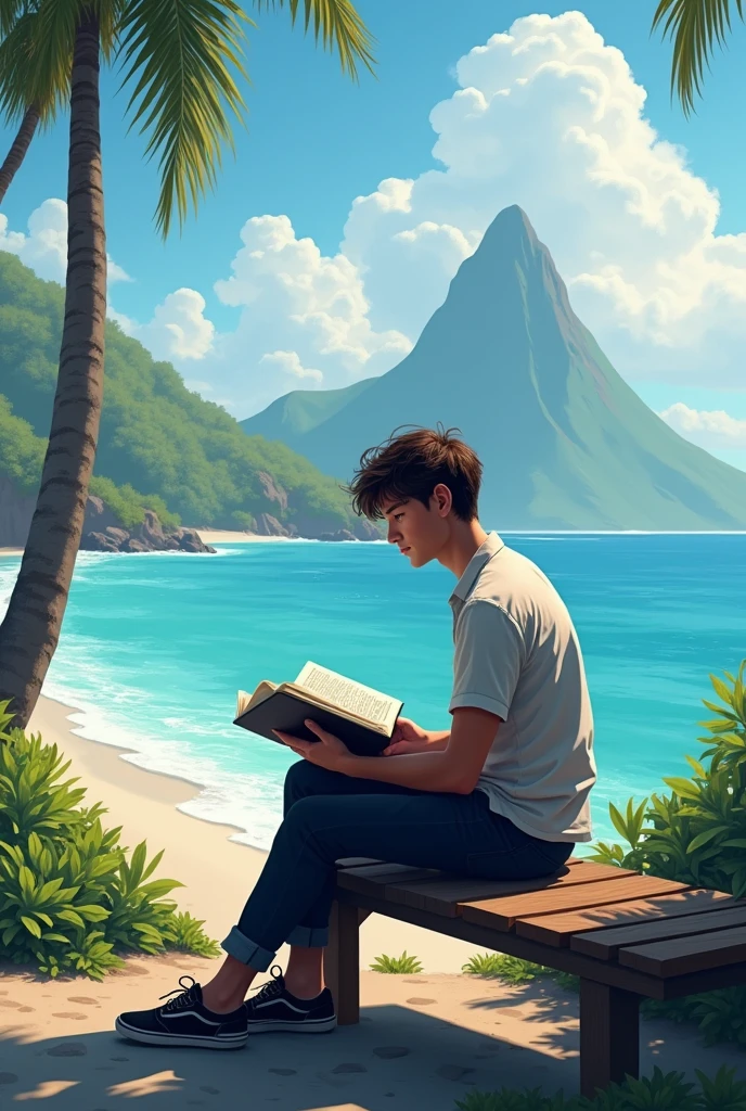 A young man sitting in a bench reading book. Infornt of him a beautiful sea and a huge mountain