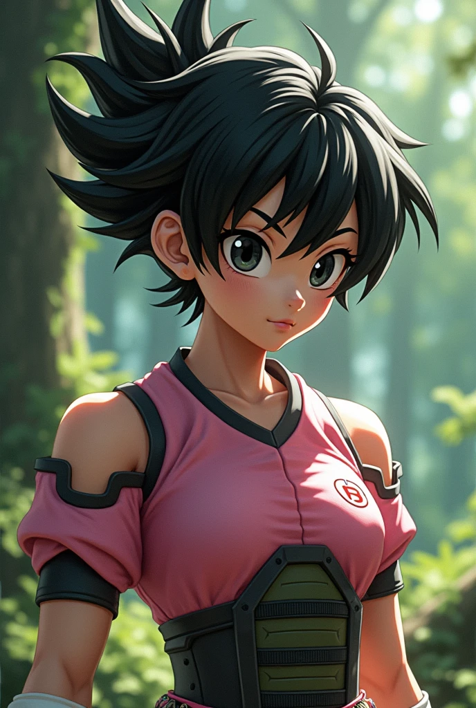 fascha, 1 girl, alone, black eyes, black hair, shorth hair, spiky hair, ear rings, monkey tail,
Saiyan Armor, pink jersey, white gloves, bare shoulders,
smile,closed mouth,Cowboy-shot,Stand,upper body,
woods,outside,
(insanely detailed, beautiful detailed face, masterpiece, best quality) cinematic lighting,