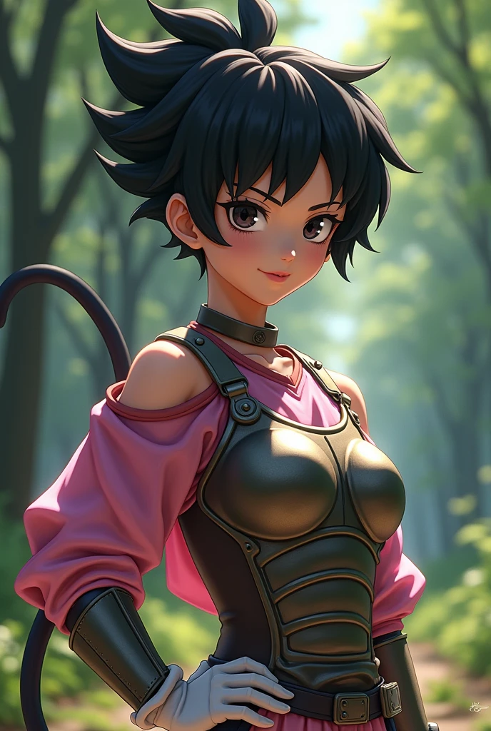 fascha, 1 girl, alone, black eyes, black hair, shorth hair, spiky hair, ear rings, monkey tail,
Saiyan Armor, pink jersey, white gloves, bare shoulders,
smile,closed mouth,Cowboy-shot,Stand,upper body,
woods,outside,
(insanely detailed, beautiful detailed face, ​masterpiece, best quality) cinematic lighting,