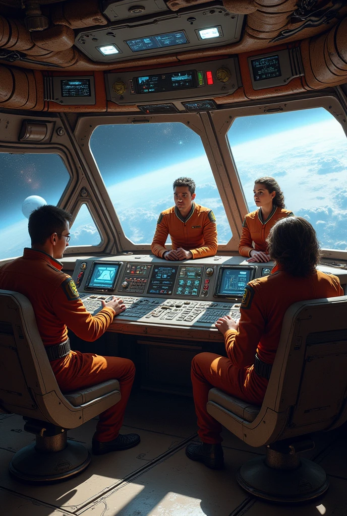 The cockpit of a rugged, well-worn spaceship, reminiscent of the Millennium Falcon, with exposed wiring, worn controls, and a mix of old and new technology. The windows offer a view of the stars and distant planets. The seats are slightly frayed but comfortable, with a control panel full of switches, levers, and glowing indicators. The three male crew members are at the front, skillfully managing the ship's controls, while the two female crew members stand nearby, checking sensors and communicating with the rest of the ship. The atmosphere is tense but familiar, as the team navigates through the galaxy, ready for any challenge that comes their way.