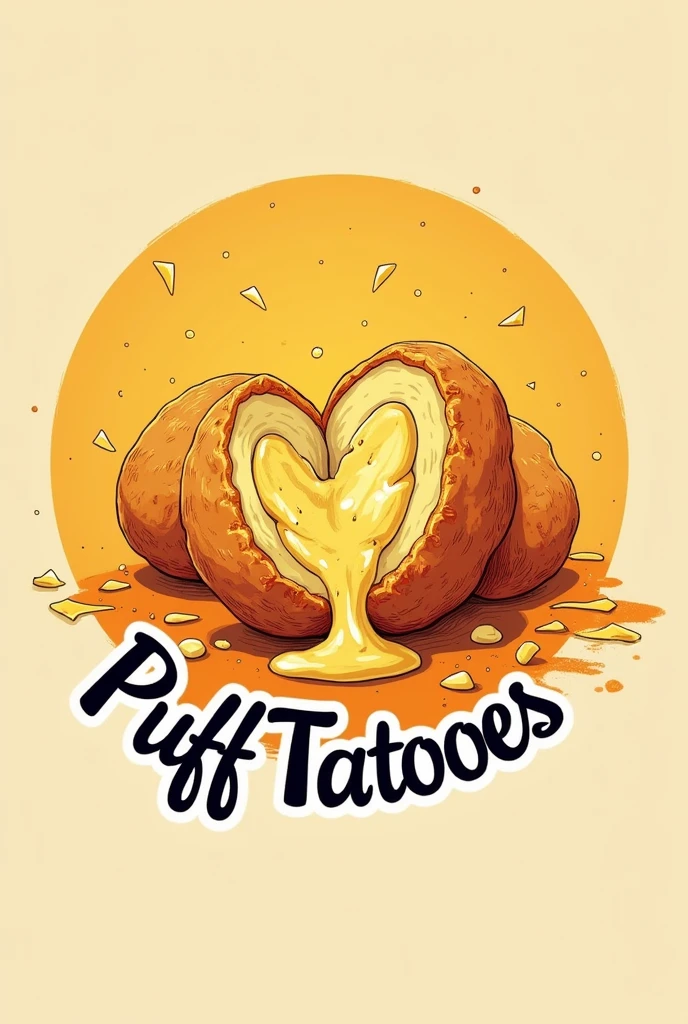 Create a business logo with the image of a deepfried mashed potatoes with cheese inside make it as a drawing
Make it round then add a text below "PuffTatoes"
Add a a background with cheese falling and potatoes