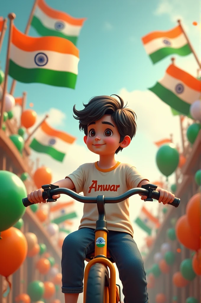 Make a photo in which a beautiful boy is sitting on a bike. Anwar is written on the boy's T-shirt. There are Indian flag colored balloons lying around the boy. A big Indian flag is waving behind the boy. The boy's bike also has Indian flags. Is decorated in Indian colors and has an Indian flag on his bike