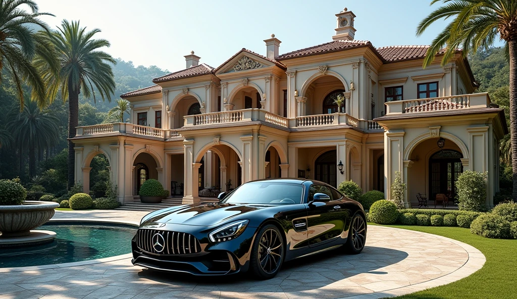 luxury mansion with a mercedes car parked in front of it, luxury pool, luxury lifestyle, luxurious environment, luxury architecture, rich, huge mansion, rich style, luxury and elite, extremely opulent, luxurious, hyper luxurious, majestic masterpiece, wealthy, luxury, stunning grand architecture, exquisite masterpiece, flaunting his wealth, inside a grand, architectural masterpiece