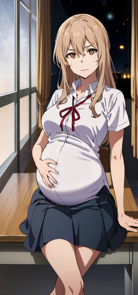 masterpiece, best quality, highres, aoki1, brown eyes, freckles, skirt, white shirt, ribbon, cowboy shot, sitting at the desk, inside the classroom, legs crossed, facing the spectator, looking at the viewer, dark atmosphere, pregnant, pregnant belly