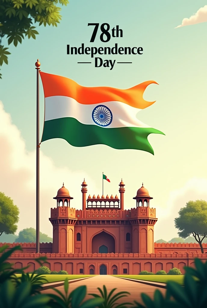 78th independence day words
 with indian national flag with delhi fort at background. 78th independence day text 
