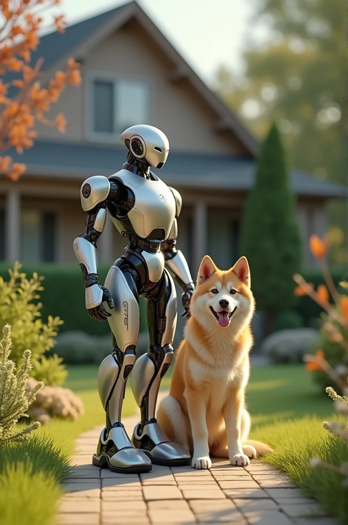 A robot with dog in the outdoor house
