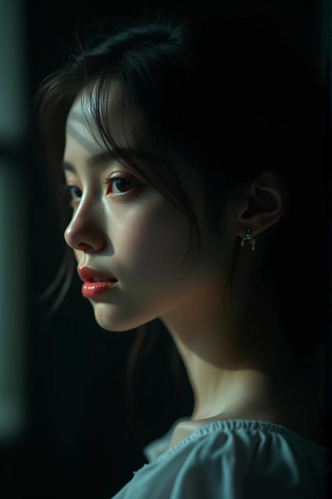 ( masterpiece,black background :1.5) , 8k , (atmospheric depth:1.2) , (vivid illuminlation:1.2) , (enchanting elegance:1.2) , 1girl Close-up photo of a girl in a dark room with a very faint light reflecting off one side of her hair and half of her face , portrait ,