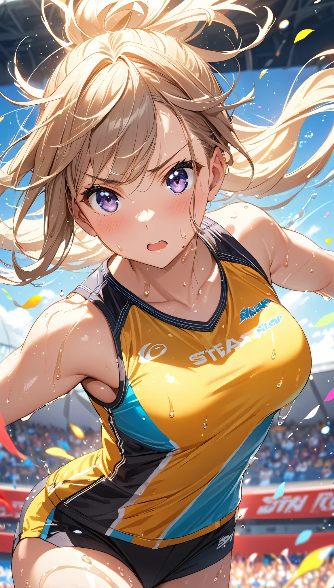 (Sports magazine cover photo), Highest quality, Great quality, 16K, Unbelievably absurd, Very detailed, delicate and dynamic, Natural light, The particles reflect light, Diffuse reflection of light, Many rainbow-colored petals fall, Beautiful truck studium, Sparkling Sun, Diffuse reflection of light, Create amazing image effects, , Wet, sweating, high jump competition, Close-up(Cute sexy girl, big bouncing busts, Sensual expression, Cool girl, Serious, passion, Dynamic, Flashy track and field uniform, audience , much-air-laden cheer)