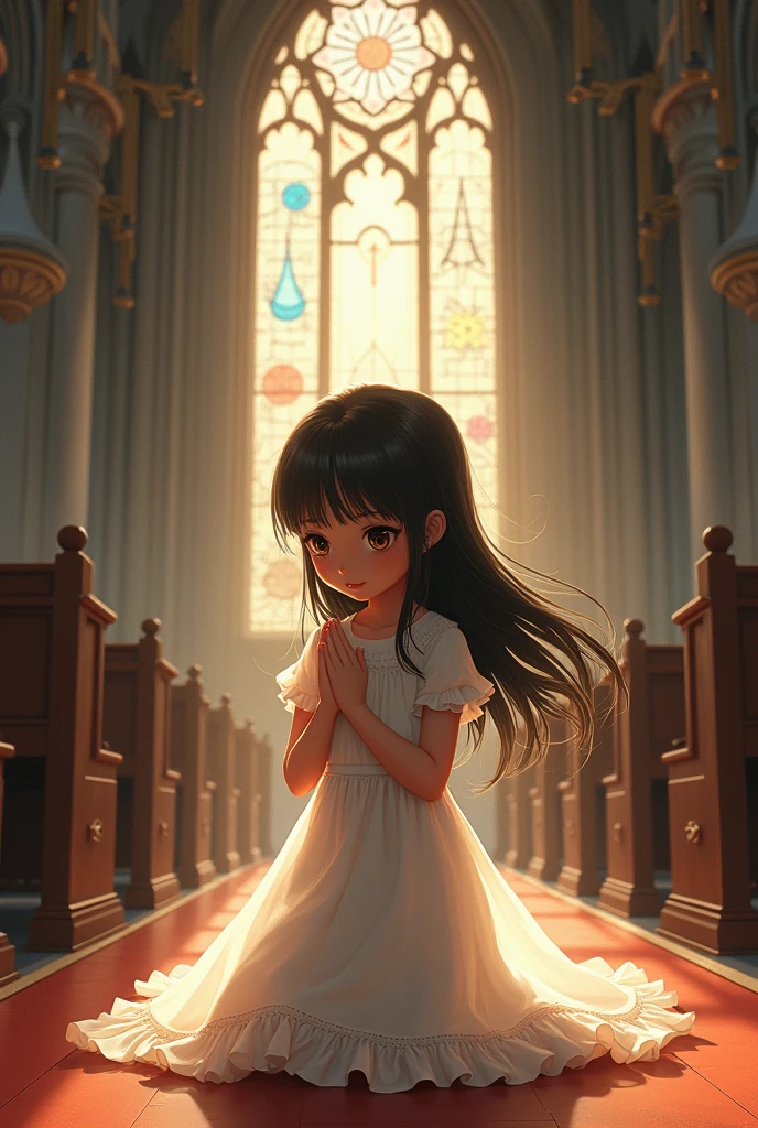 A girl with big eye long black hair wearing a dress praying in church