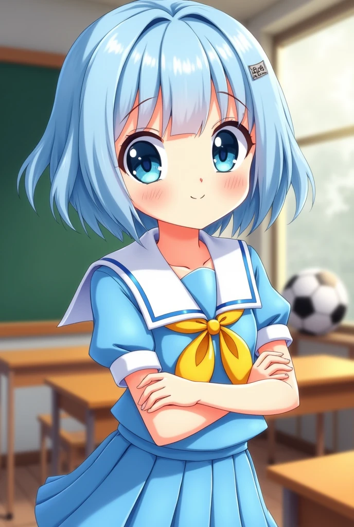 Light blue hair、Very Short Hair、Big light blue eyes、Water-colored eyebrows、Just the sideburns are long.、Light blue sailor suit、Light blue pleated skirt、Large yellow ribbon、classroom、soccer ball、smile、Saki Nijino