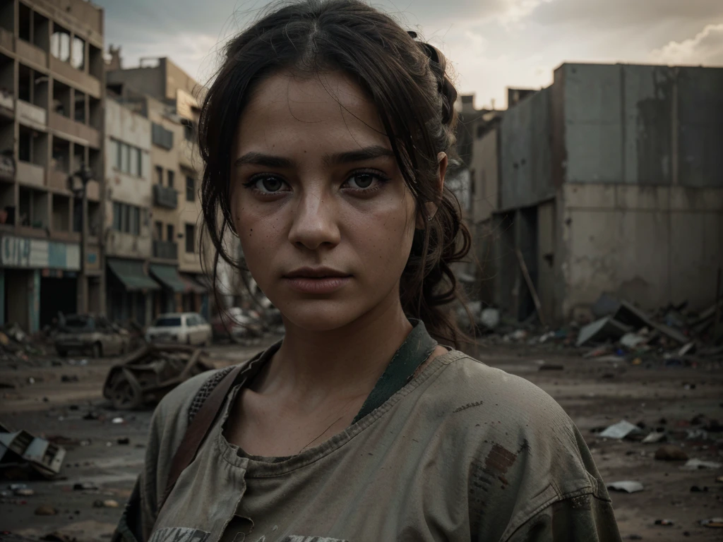 a girl in the midst of war, beautiful detailed eyes, beautiful detailed lips, extremely detailed eyes and face, longeyelashes, girl in distress,  and tattered clothes, bombed city background, desolate landscape, ominous clouds, (best quality,4k,8k,highres,masterpiece:1.2),ultra-detailed,(realistic,photorealistic,photo-realistic:1.37),cinematic lighting, dramatic shadows, muted color palette, war photography style