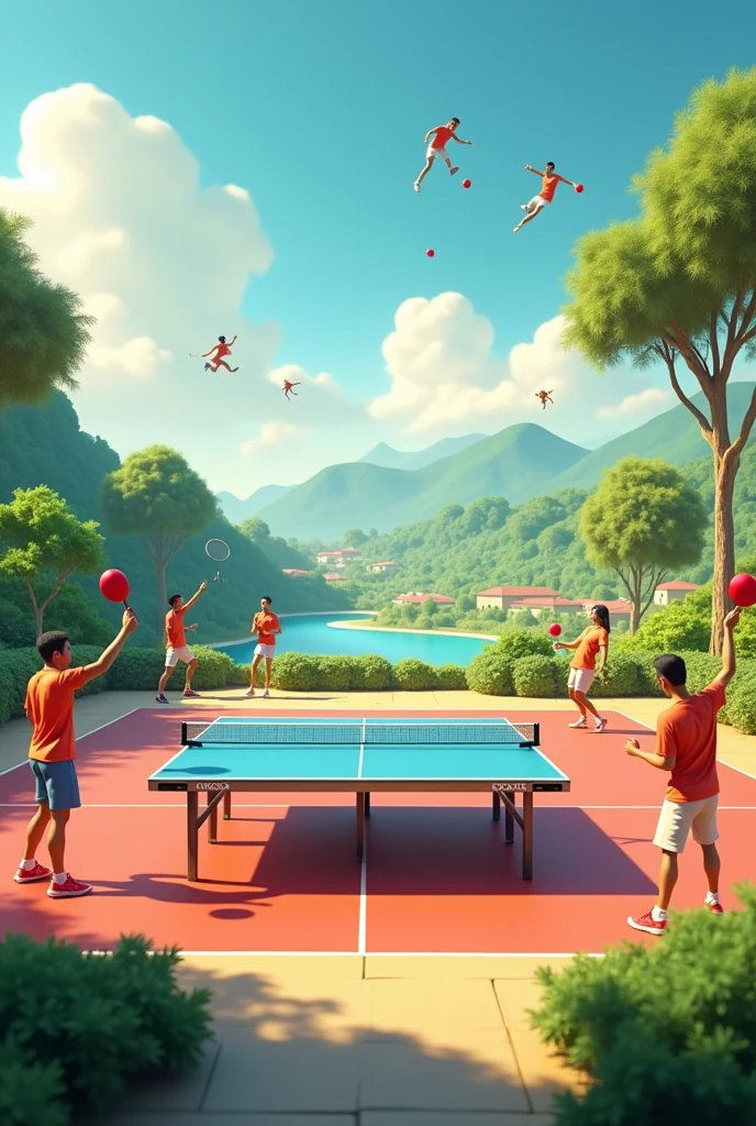 Make 3D art of badminton, table tennis, basketball, carrom, landscape
