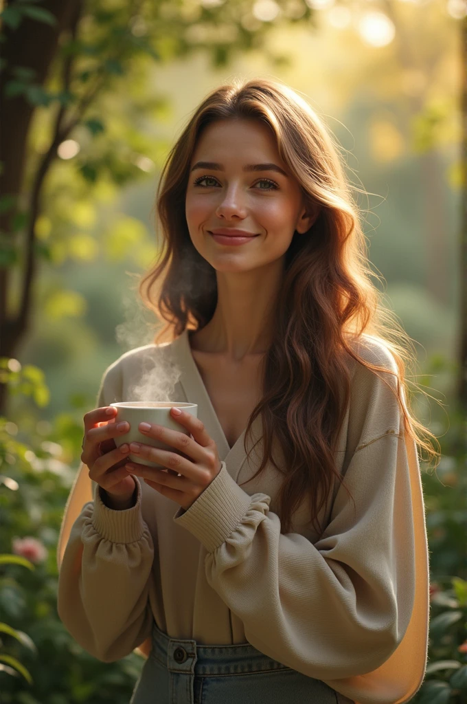 A woman smiling with her hair down in a natural setting, with a cup of coffee in his hands.