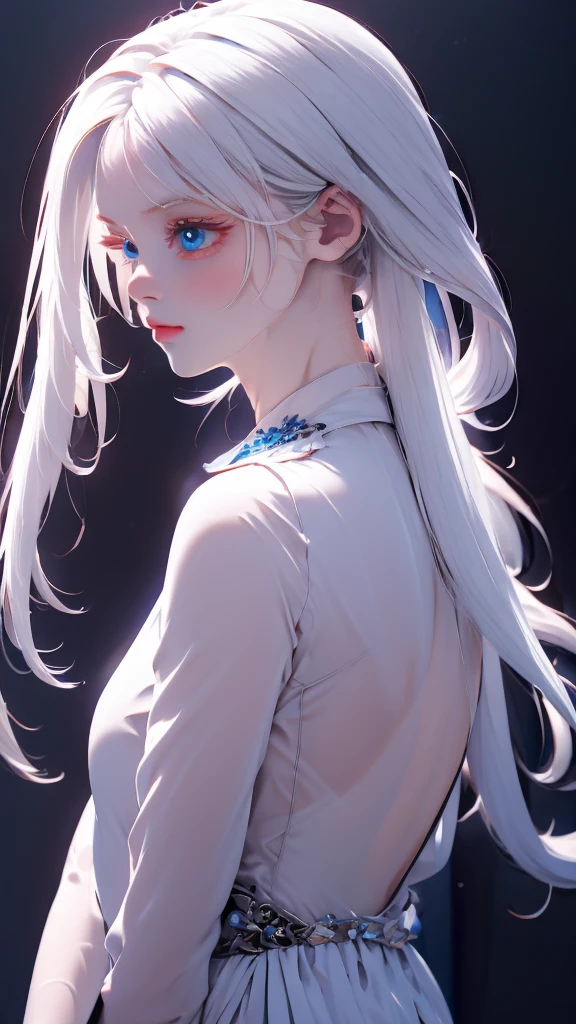 1 girl, medium light white hair, light blue eyes, wearing Black suit 4D , night city, absurdres , high res, ultrasharp, 8K, masterpiece, looking from behind