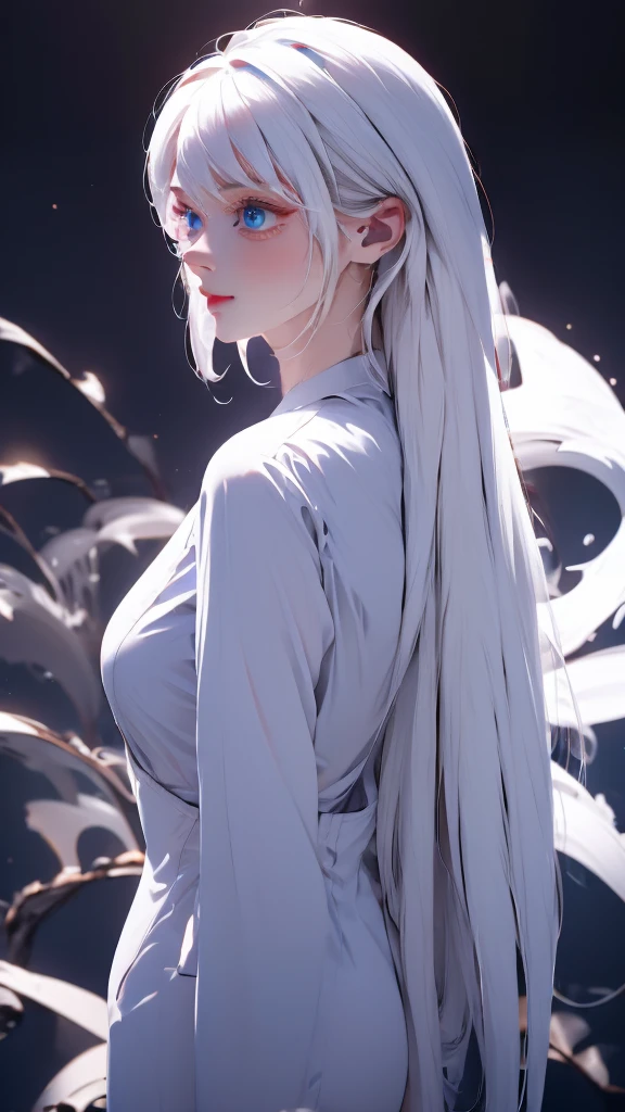 1 Girl, medium light white hair, light blue eyes, wearing Black Suit 4D , night club TOWN , high res, ultrasharp, 8K, masterpiece, looking from behind