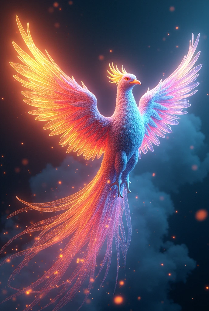 A majestic phoenix reborn from digital ashes in a glaze of holographic flame