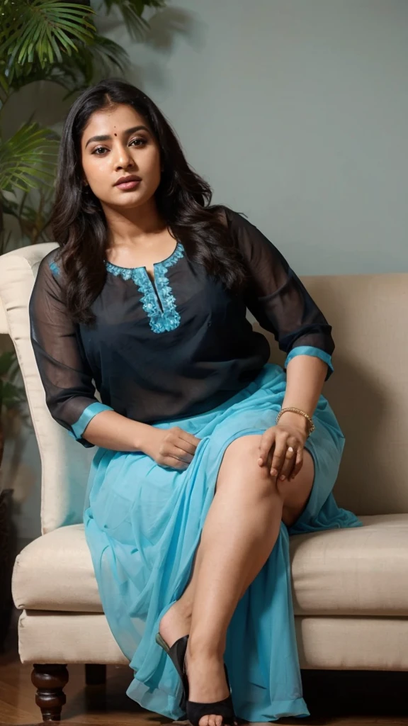 South Indian women, wearing light blue colour chiffon transparent shiny skirt and black chiffon shirt