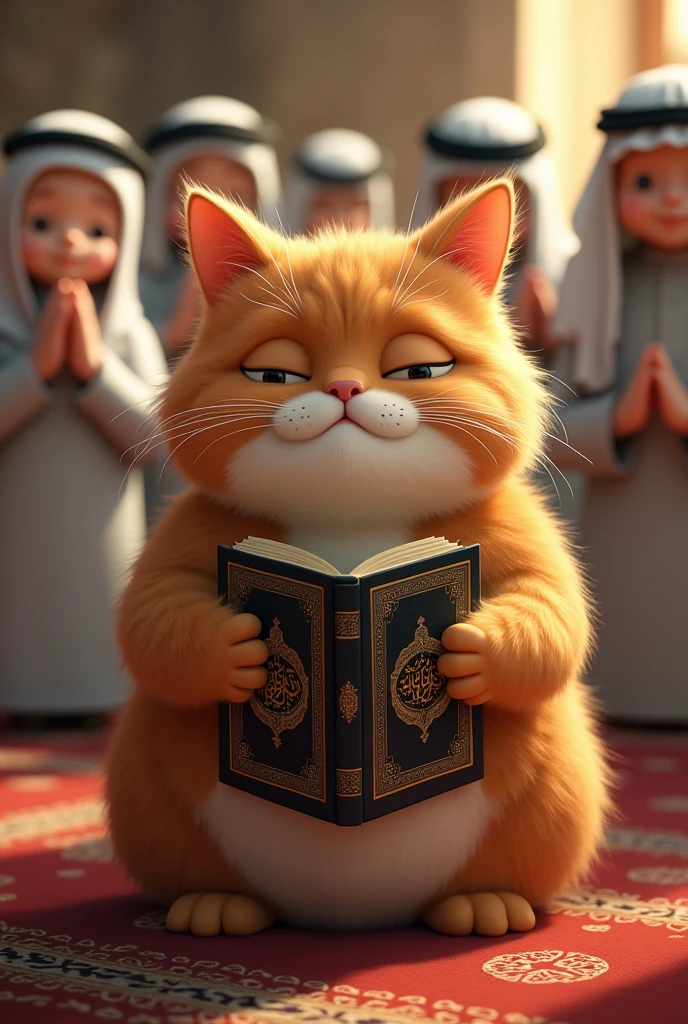 A big cute hppy cat hand Qur'an and his crying and his wearing Dubai cloth and others people pray namaz