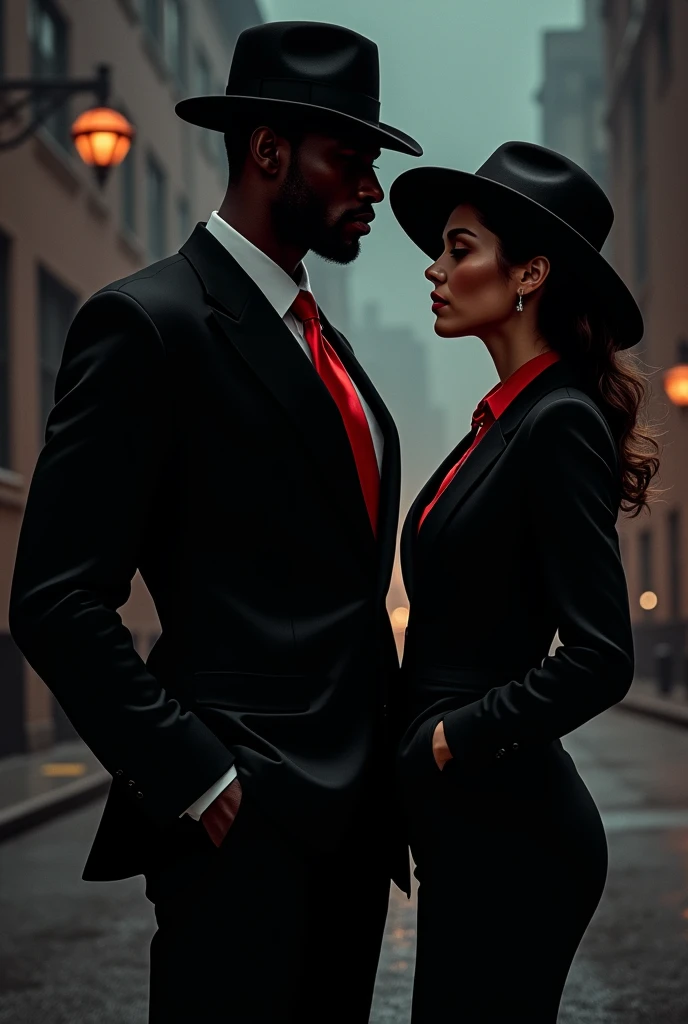 A couple formed by a tall young black man with a thin but muscular body, with thin facial features wearing formal clothing and by an extremely white woman, lowrise, green-eyed, with wavy light brown hair with a shade of red, wide hip, thick-thighs, thin waist and very large buttocks wearing a long sleeved, loose-fitting dress. The two in New York. 