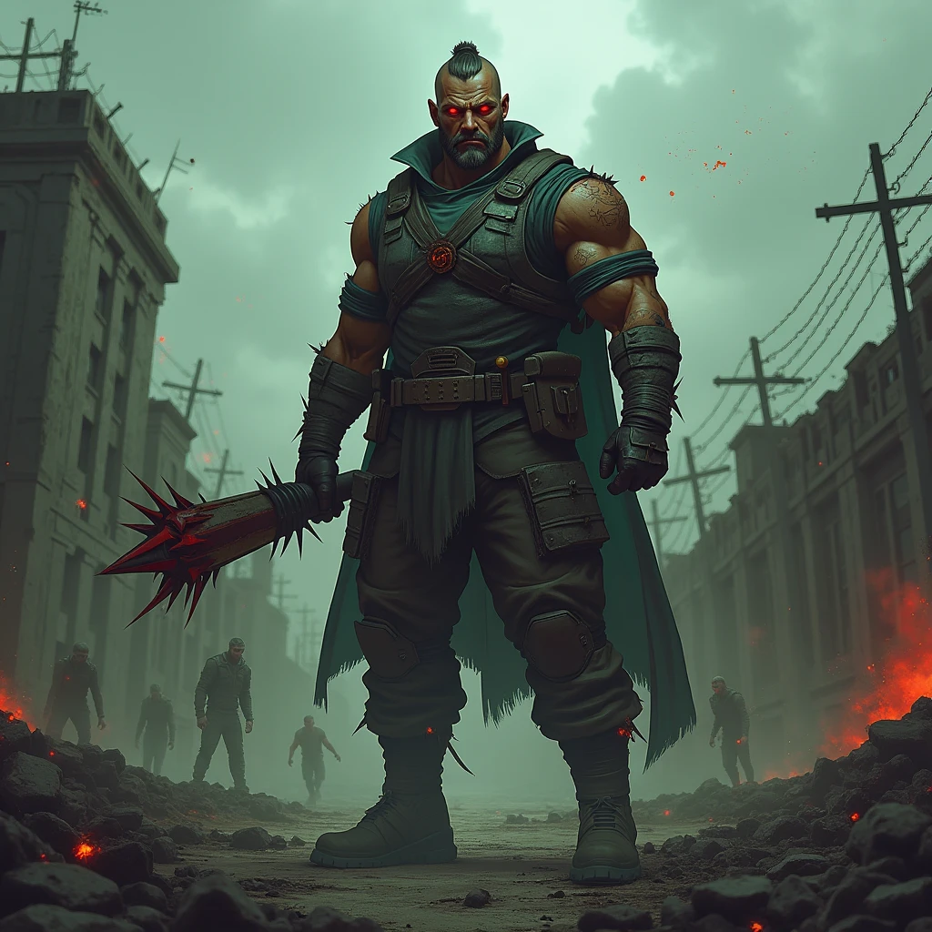 Create a profile picture featuring a character named 'BATUHAN BEY' in a post-apocalyptic, zombie-infested world. The character should be depicted as a fierce and battle-hardened leader, standing on a ruined battlefield. The outfit should be rugged and tactical, with visible battle scars. The character should have glowing red or blue eyes, indicating heightened senses or supernatural abilities. They should be holding a weapon, such as a spiked bat or a plasma rifle, that looks both futuristic and brutal.
In the background, include a fortified base with flickering lights and barbed wire, representing a stronghold. Zombies should be partially visible, lurking in the shadows, adding a sense of danger. The color scheme should use dark, muted tones with splashes of red or green to enhance the eerie atmosphere. The overall design should convey intensity, power, and the thrill of battle in a world overrun by zombies.