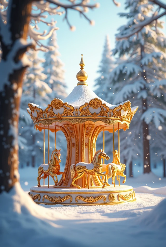 Draw a place in gold and white tones, with a carousel and snow, an elegant atmosphere