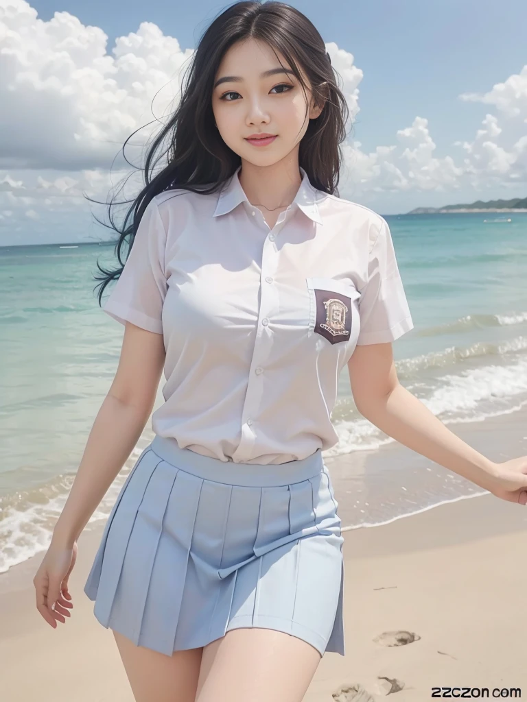 1girl, solo, (uniform), standing, at the beach, beautiful realistic ocean scenery, seductive smile, thick breasts, smooth skin, tight white shirt, grey blue short skirt, looking at the audience, low angle shot, (zoom out:1.4), (8k, RAW photo, best quality, masterpiece: 1.2), (realistic, realistic: 1.37), ultra-high resolution