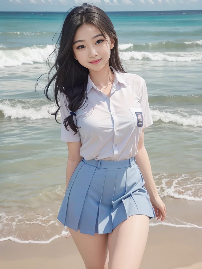 1girl, solo, (uniform), standing, at the beach, beautiful realistic ocean scenery, seductive smile, thick breasts, smooth skin, tight white shirt, grey blue short skirt, looking at the audience, low angle shot, (zoom out:1.4), (8k, RAW photo, best quality, masterpiece: 1.2), (realistic, realistic: 1.37), ultra-high resolution