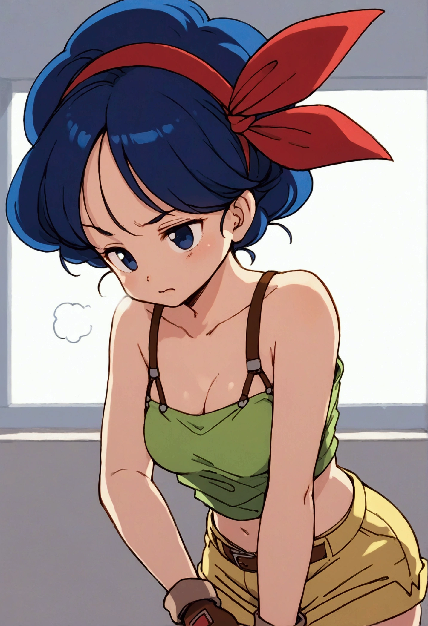 score_9, score_8_up, score_7_up,score_6, score_5, score_4,BREAK , from side,(breast focus:1.5),front view.standing,(upperbody:1),1girl, launch good, blue eyes, blue hair, long hair, curly hair, ribbon, red hairband, fingerless gloves, brown gloves, green crop top, short shorts, yellow shorts, green legwear, red footwear, collarbone, sad eyebrows,frown, sleepy eyes, open mouth, breathe in with mouth, claw pause, anime style, key visual, vibrant, studio anime,highly detailed,masterpiece, best quality,
best aestethic, absurdres,cinematic lighting,(cell anime)