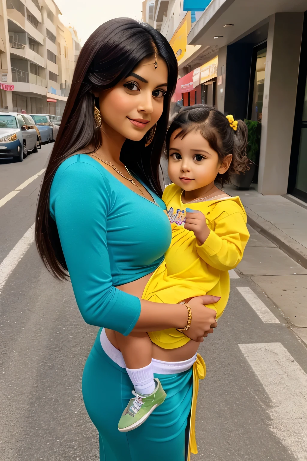 Salman Khan as a woman, 23 years old girl with her children, wearing one piece long dress, big breast, beautiful face, sexy figure, curvy body, proper eyes , 2 hands, 2 legs, proper fingers, location vegetable market, proper picture