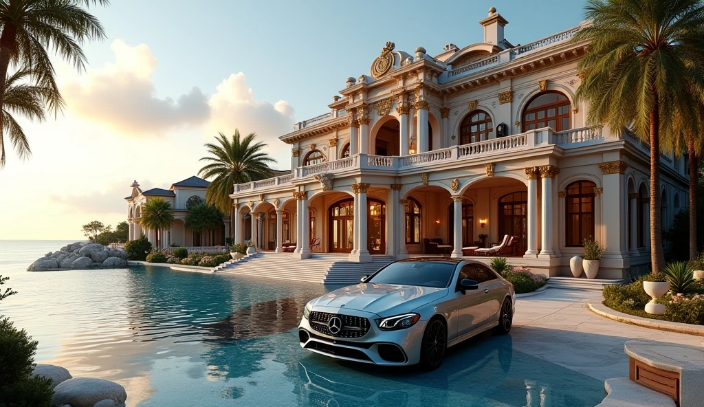 luxury mansion with a mercedes car parked in front of it, behind sea, luxury pool, luxury lifestyle, luxurious environment, luxury architecture, rich, huge mansion, rich style, luxury and elite, extremely opulent, luxurious, hyper luxurious, majestic masterpiece, wealthy, luxury, stunning grand architecture, exquisite masterpiece, flaunting his wealth, inside a grand, architectural masterpiece, long shot