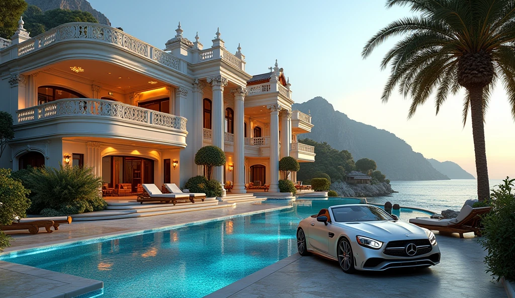 luxury mansion with a mercedes car parked in front of it, behind sea, luxury pool, luxury lifestyle, luxurious environment, luxury architecture, rich, huge mansion, rich style, luxury and elite, extremely opulent, luxurious, hyper luxurious, majestic masterpiece, wealthy, luxury, stunning grand architecture, exquisite masterpiece, flaunting his wealth, inside a grand, architectural masterpiece, long shot