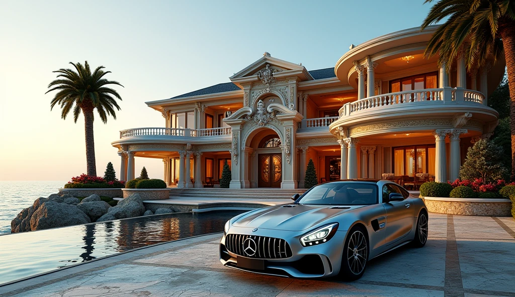 luxury mansion with a mercedes car parked in front of it, behind sea, luxury pool, luxury lifestyle, luxurious environment, luxury architecture, rich, huge mansion, rich style, luxury and elite, extremely opulent, luxurious, hyper luxurious, majestic masterpiece, wealthy, luxury, stunning grand architecture, exquisite masterpiece, flaunting his wealth, inside a grand, architectural masterpiece, long shot