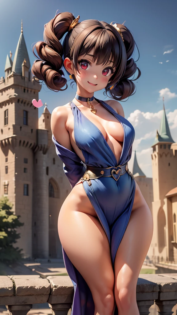 4k resolution, best quality, detailed, masterpiece, (((castle background))), (1girl), dark brown hair, red eyes, (((heart in eye))), ((happy)), laughing, (((looking at camera))), ((blue robes)), gold trim, corset, black choker, (((curly hair))), (twintail), gold jewelry, shoulders, ((long legs)), (skinny), curvy body, ((skinny)), (((standing))), small breasts, ((barefoot)), (((leaning forward))), ((arms behind back)), huge ass