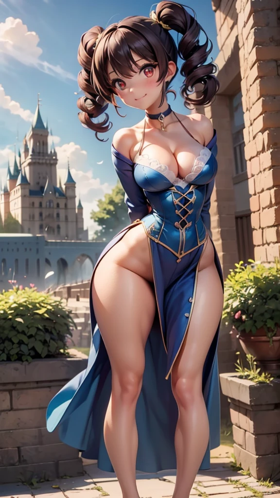 4k resolution, best quality, detailed, masterpiece, (((castle background))), (1girl), dark brown hair, red eyes, (((heart in eye))), ((happy)), laughing, (((looking at camera))), ((blue robes)), gold trim, corset, black choker, (((curly hair))), (twintail), gold jewelry, shoulders, ((long legs)), (skinny), curvy body, ((skinny)), (((standing))), small breasts, ((barefoot)), (((leaning forward))), ((arms behind back)), huge ass