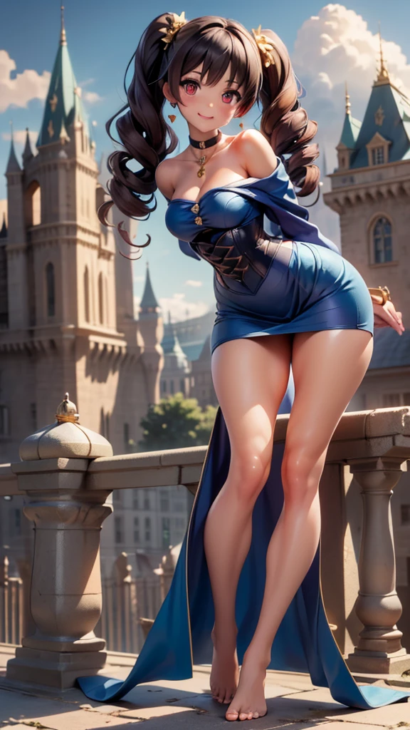 4k resolution, best quality, detailed, masterpiece, (((castle background))), (1girl), dark brown hair, red eyes, (((heart in eye))), ((happy)), laughing, (((looking at camera))), ((blue robes)), gold trim, corset, black choker, (((curly hair))), (twintail), gold jewelry, shoulders, ((long legs)), (skinny), curvy body, ((skinny)), (((standing))), small breasts, ((barefoot)), (((leaning forward))), ((arms behind back)), huge ass