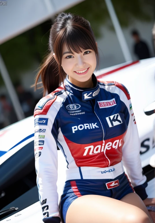 (masterpiece: 1.3), (8k, Realistic, RAW Photos, Highest quality: 1.4), 20歳の美しい日本人女性のRacing Driver, Ultra Detail Face, Eye on the details, double eyelid, Sharp focus: 1.2, Beautiful woman: 1.4, Highest quality, masterpiece, Ultra-high resolution, (Realistic: 1.4), Ahegao, Shining Sweat, thin, Racing Driver, Racing Suits, Shining Sweat, thin, Serious expression, smile、On the racing circuit, ((Perfect beauty)), Slim legs,front, Mid Shot, Slim legs, Slim thighs