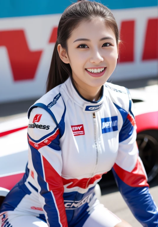 (masterpiece: 1.3), (8k, Realistic, RAW Photos, Highest quality: 1.4), 20歳の美しい日本人女性のRacing Driver, Ultra Detail Face, Eye on the details, double eyelid, Sharp focus: 1.2, Beautiful woman: 1.4, Highest quality, masterpiece, Ultra-high resolution, (Realistic: 1.4), Ahegao, Shining Sweat, thin, Racing Driver, Racing Suits, Shining Sweat, thin, Serious expression, smile、On the racing circuit, ((Perfect beauty)), Slim legs,front, Mid Shot, Slim legs, Slim thighs