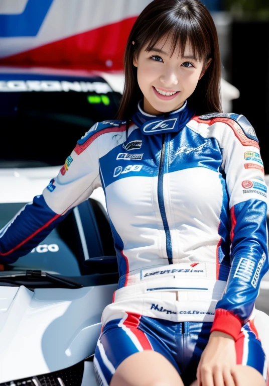 (masterpiece: 1.3), (8k, Realistic, RAW Photos, Highest quality: 1.4), 20歳の美しい日本人女性のRacing Driver, Ultra Detail Face, Eye on the details, double eyelid, Sharp focus: 1.2, Beautiful woman: 1.4, Highest quality, masterpiece, Ultra-high resolution, (Realistic: 1.4), Ahegao, Shining Sweat, thin, Racing Driver, Racing Suits, Shining Sweat, thin, Serious expression, smile、On the racing circuit, ((Perfect beauty)), Slim legs,front, Mid Shot, Slim legs, Slim thighs