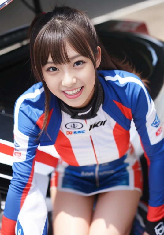 (masterpiece: 1.3), (8k, Realistic, RAW Photos, Highest quality: 1.4), 20歳の美しい日本人女性のRacing Driver, Ultra Detail Face, Eye on the details, double eyelid, Sharp focus: 1.2, Beautiful woman: 1.4, Highest quality, masterpiece, Ultra-high resolution, (Realistic: 1.4), Ahegao, Shining Sweat, thin, Racing Driver, Racing Suits, Shining Sweat, thin, Serious expression, smile、On the racing circuit, ((Perfect beauty)), Slim legs,front, Mid Shot, Slim legs, Slim thighs