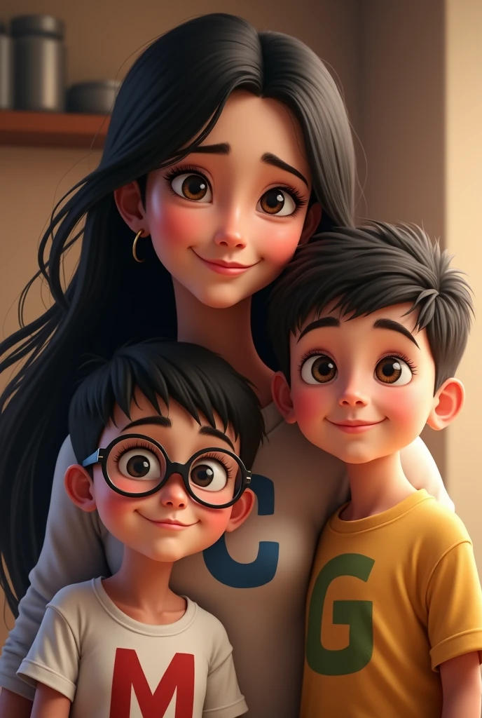 Black haired mom with the letter C on her shirt, middle child with glasses, very short hair and the letter M on his shirt and the youngest son with the letter G on his shirt 