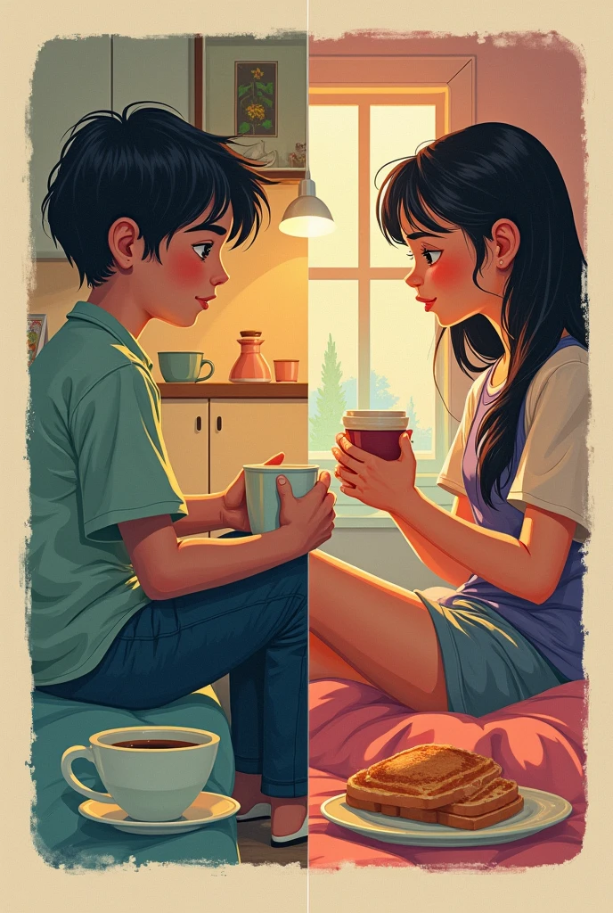 A collage of two separate scenes: A picture shows a ager's morning routine in his bedroom, with a modest kitchen, a cup of coffee and a toast, while looking out the window. The other shows a teengirl getting ready for school in her room., with his mother in the background insisting that he dress formally. The scene should capture the feeling of daily routine and the separation of their individual worlds..