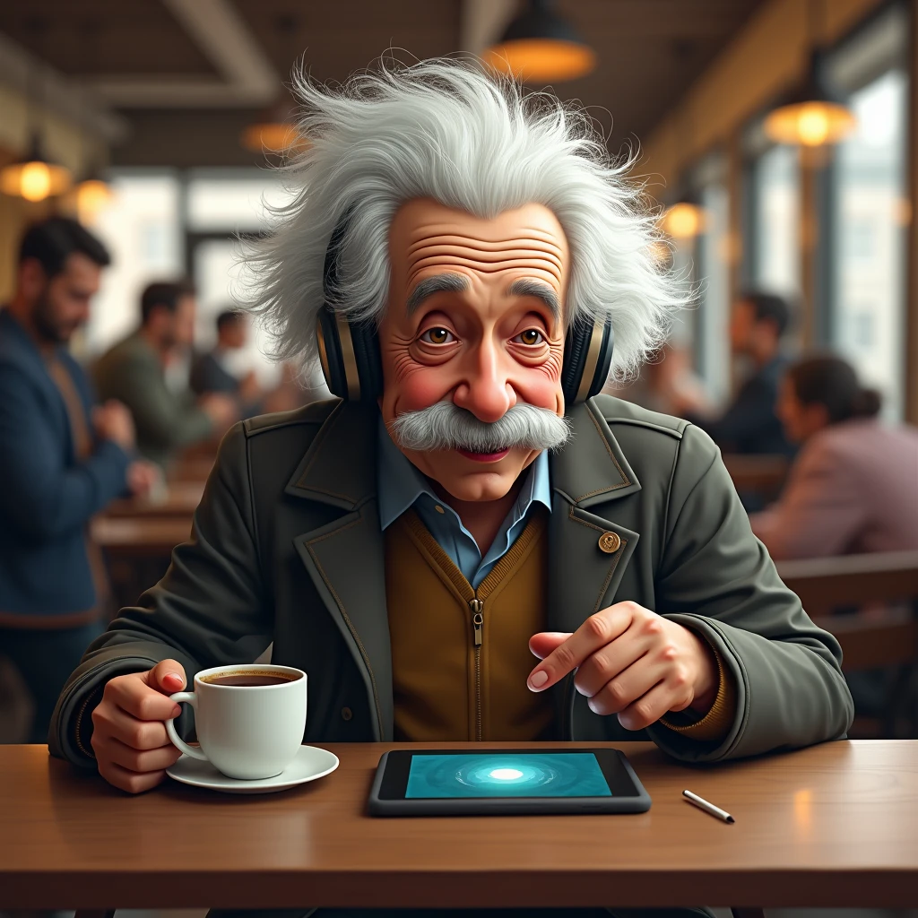Create a highly realistic image of Albert Einstein in a modern-day setting, but with a funny twist. He should be sitting at a café, casually sipping a coffee while wearing headphones and looking at a tablet, as if he's enjoying some modern technology. His iconic wild hair remains the same, but his expression should have a slight smile, as if he’s amused by what he’s seeing. The background should be a typical café scene with people and modern decor, making the image look like a candid moment captured today.