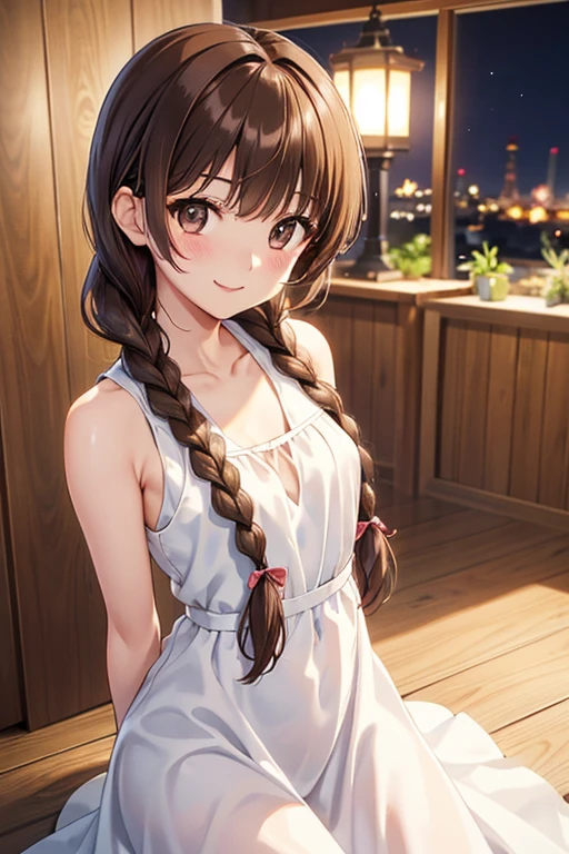 Yuno Shimazu、Shiny brown hair,Long Hair,  、((2 braids:1.5、Hair that falls over the shoulders)),Beautiful brown eyes、Sparkling eyes, Fine grain、smile、Ultra-detailed eyes、Highly detailed face, Highly detailed eyes,Cowboy Shot、

 
最high quality、High resolution, masterpiece, high quality, 最high quality, beautiful, Perfect lighting, very cute,
 alone, ((Sleeveless long dress))、,
  ((Mid-chest)), Wide Hips,  blush, smile, View your audience, , Department stores on weekends, Place your arms behind your back,

