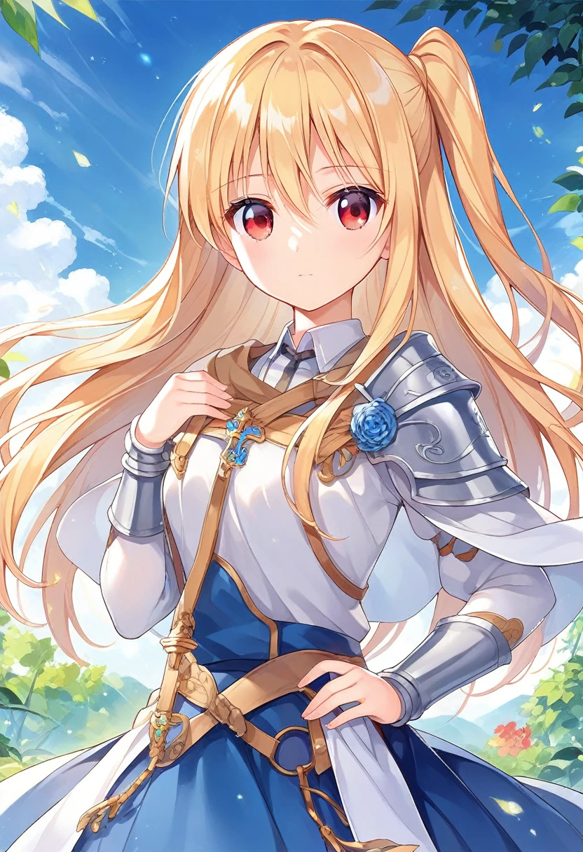 A woman in a dress standing in front of me, Anime drawing inspired by Le Chevalier, Topics on pixiv, What it is?, Cute anime visuals, Girl in Armor, Official Anime Artwork, popular Isekai anime, Alchemist Girl, Young woman anime visual, Detailed Key Anime Art, Anime Best Girl,Blonde、Side Tail、Red eyes